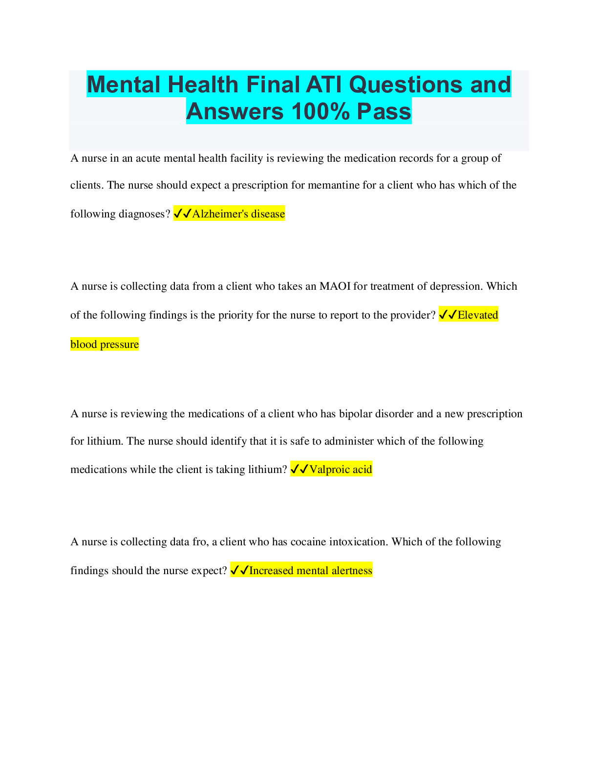 Preview image for Mental Health Final ATI Questions and  Answers 100% Pass